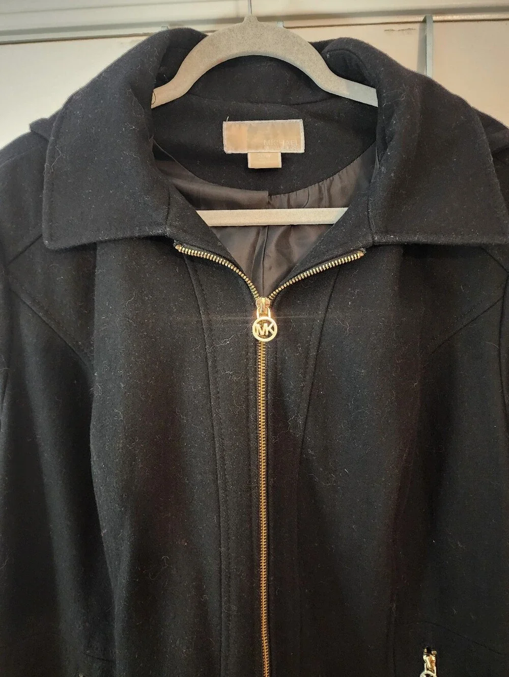 Michael Kors Black Zip-Front Wool Blend Peacoat Gold Hardware 20W ExcCond Warm